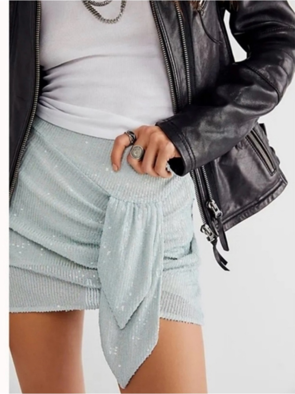 Free People Light Blue Sequin Tie-Waist Mini Skirt